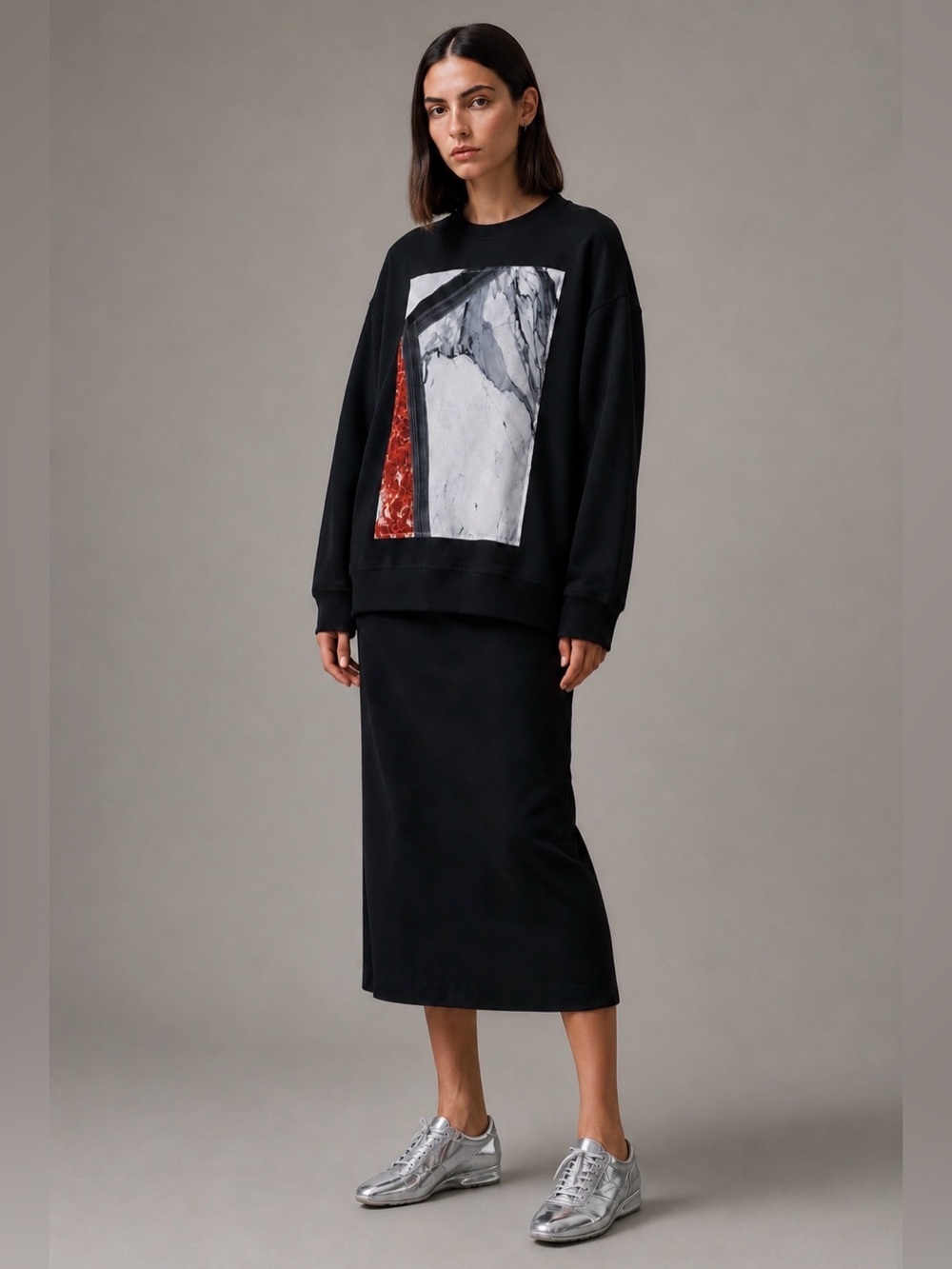 Helmut Lang Mason Art Marble-Print Appliqué Sweatshirt Top SW-CS1845 E09HW527 Lg